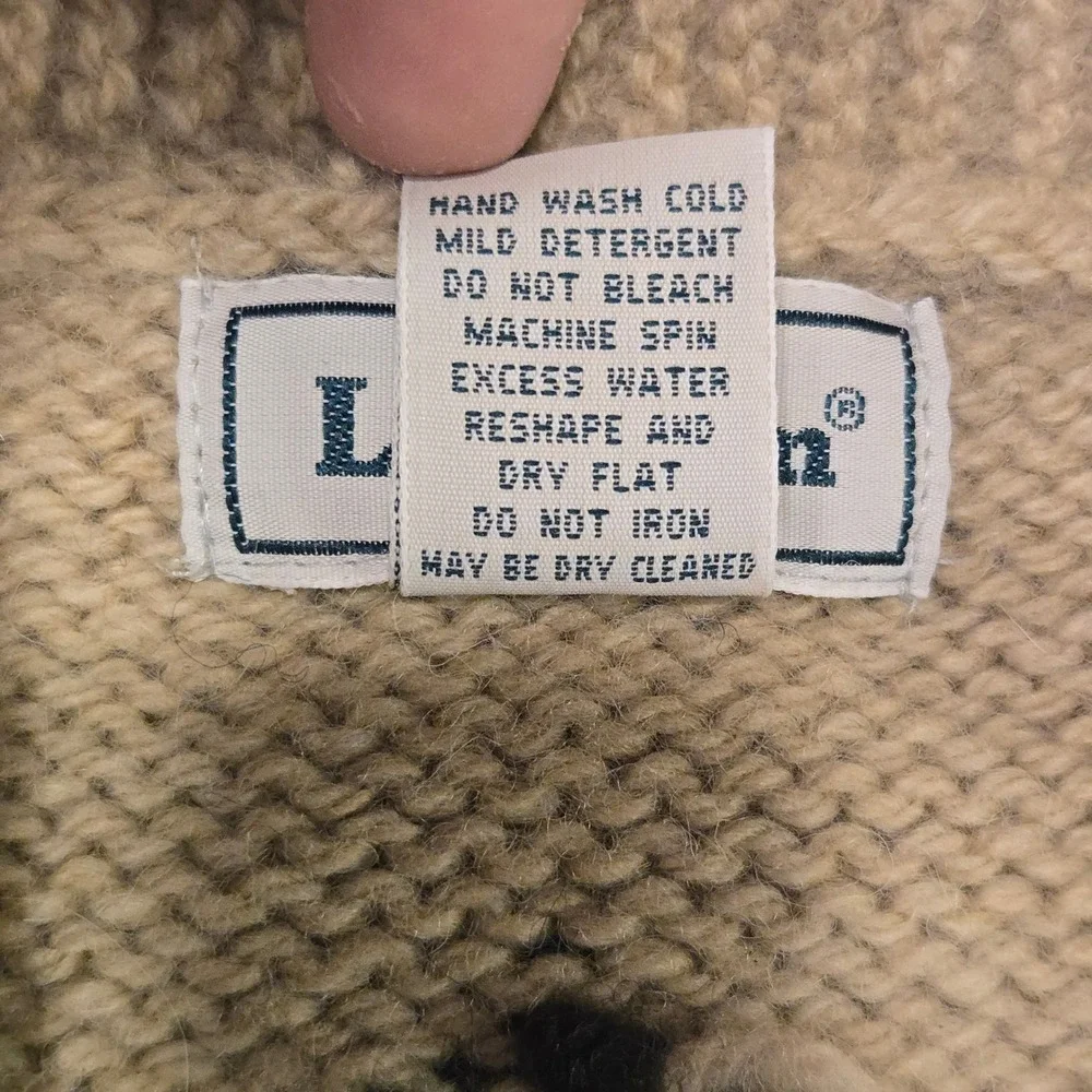 VTG L.L. Bean Reindeer Wool Cardigan Sweater Tan Women Small Shawl Collar Pocket